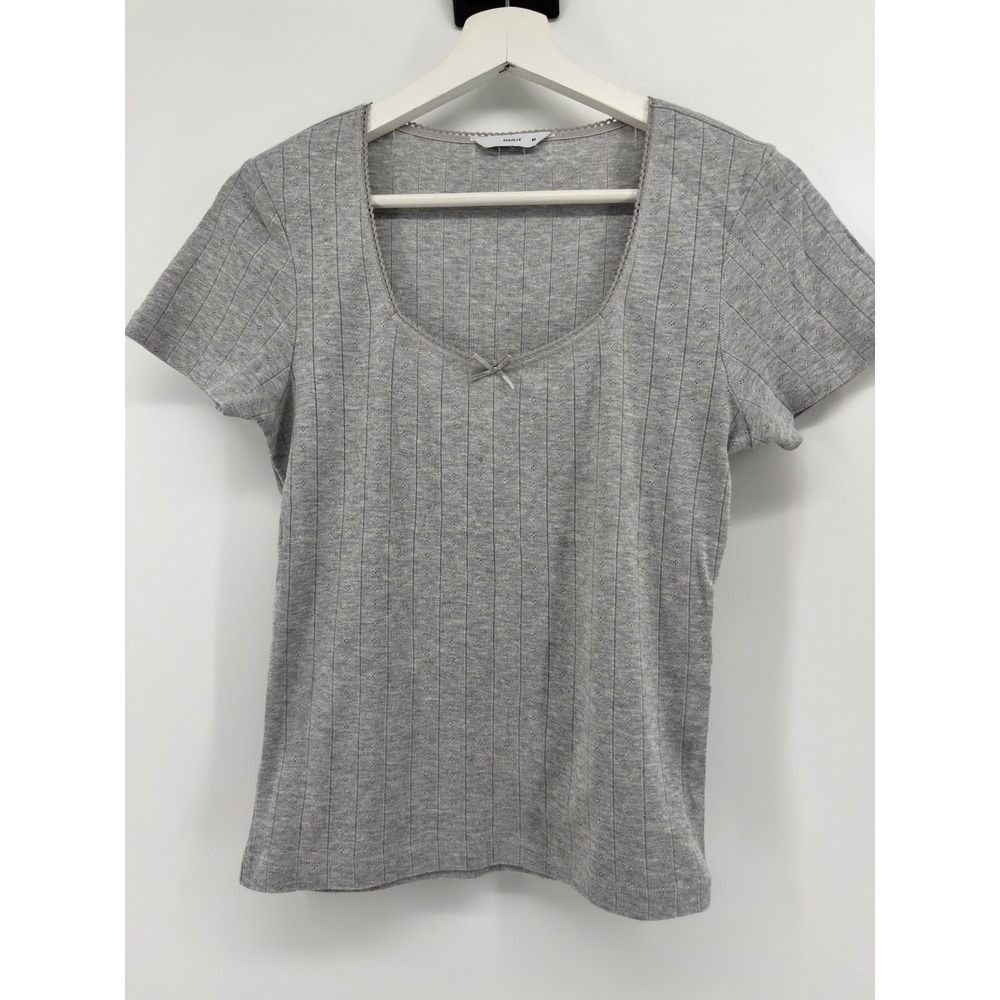 Pigalle Grey Pointelle Ribbed Scoop Neck Top Lace Trim Bow Detail Mens Size M
